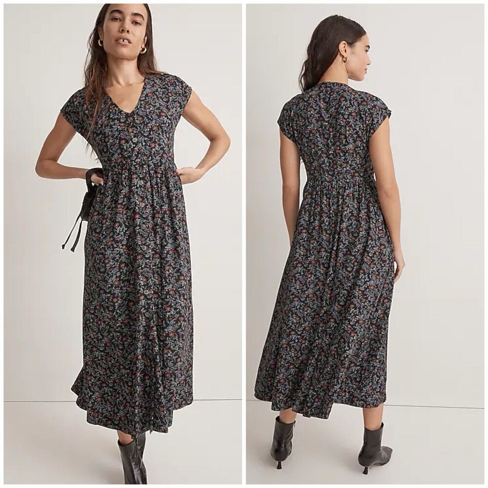 Madewell Black Floral Midi Dress with Blue and Pink Accents